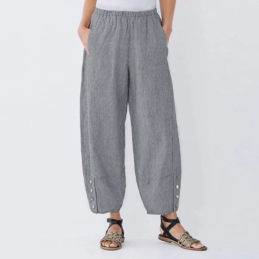 Women Casual Striped Harem Pants Vintage Loose Elastic Waist Trousers Pockets Button Asymmetrical Plus Size Wide Legs | Женская одежда