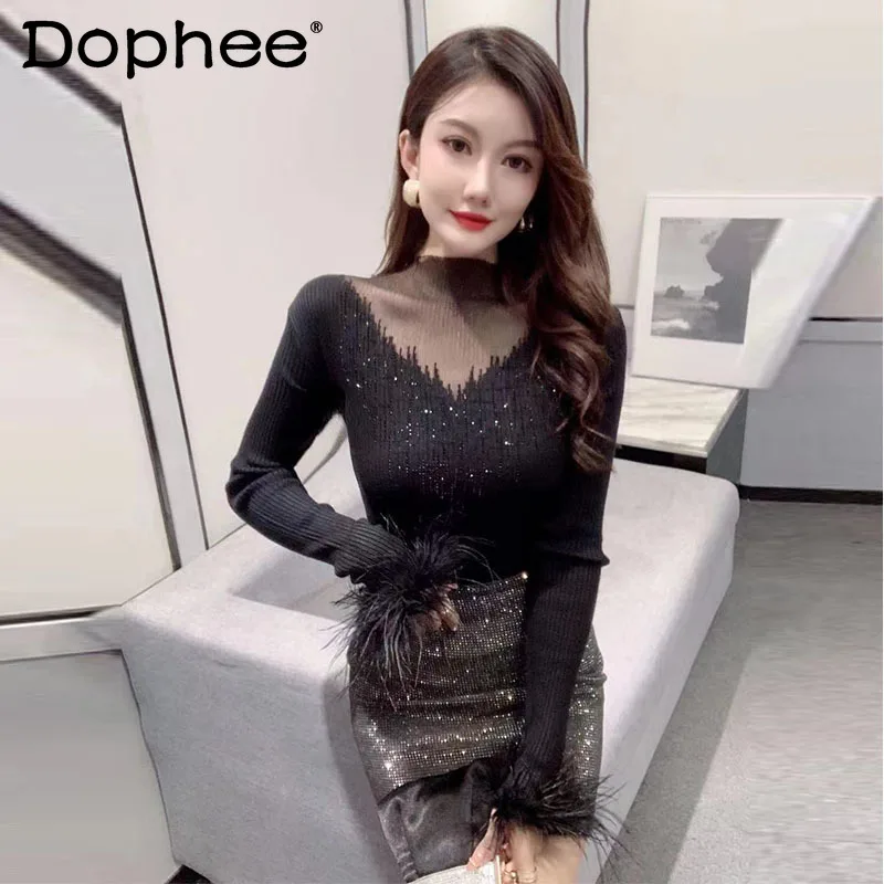 

Mesh Stitching Feather Long Sleeve Turtleneck Sweater Women 2021 Fall Winter Rhinestone Slim Fit Bottoming Shirt Black Sweater