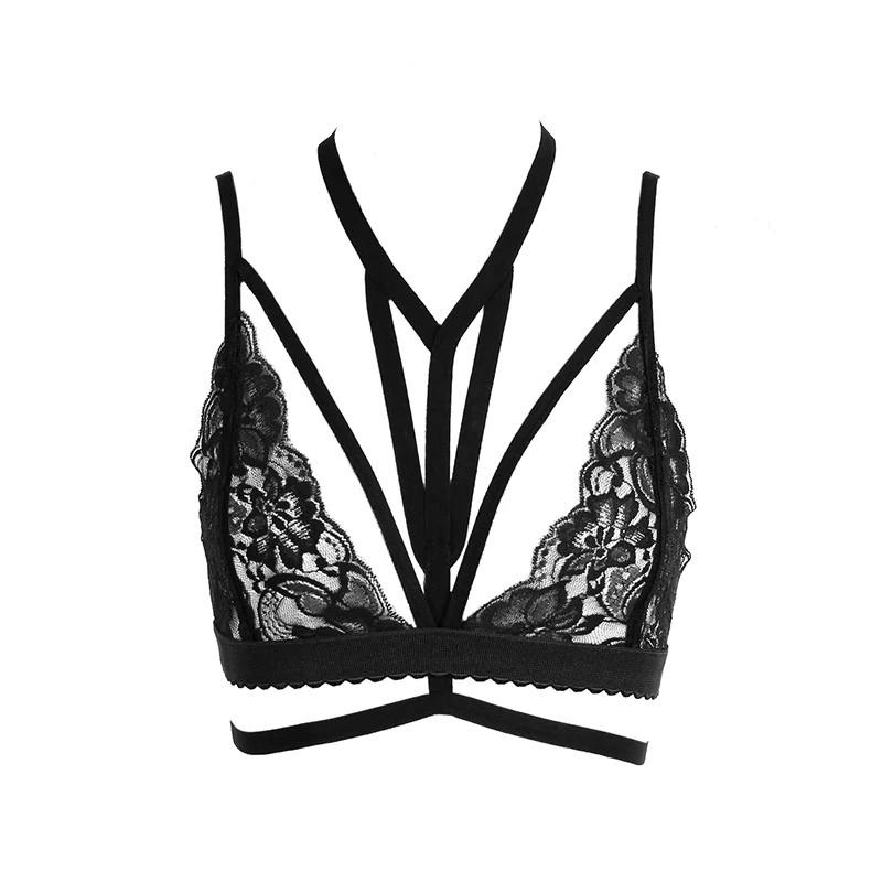

Women's Body Harness Bra Lace Elastic Cage Bra Black Strappy Hollow Out Bralette Bustier Wire Free Bras Women Crop Top S- L