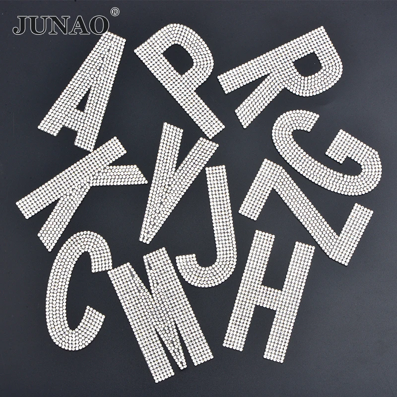 

JUNAO 70mm A-Z Clear letter Rhinestone Patches Hotfix Crystal Applique Iron On Patch Stickers Alphabet Motif For Clothes Badge
