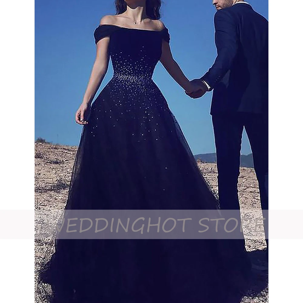 

Black Evening Dresses Sleeveless Off-Shoulder Beading Tulle Prom Gowns Party Dress A-Line Floor Length Elegant robes de soirée