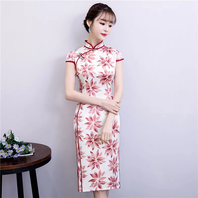 Красное китайское традиционное платье женское шелковое атласное Cheongsam винтажное Ципао летнее платье с коротким рукавом Вечерние Платья с цветочным принтом размера плюс