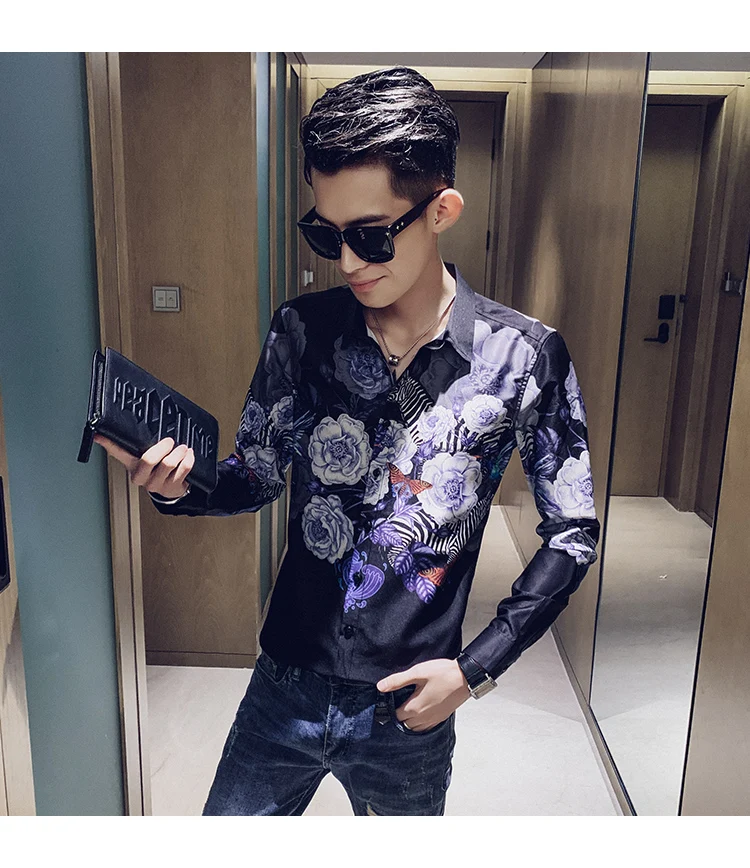 Camisa Masculina цифровой принт мужские рубашки с длинным рукавом Осень мужские рубашки с цветочным узором повседневные приталенные рубашки для ночного клуба homme 3XL