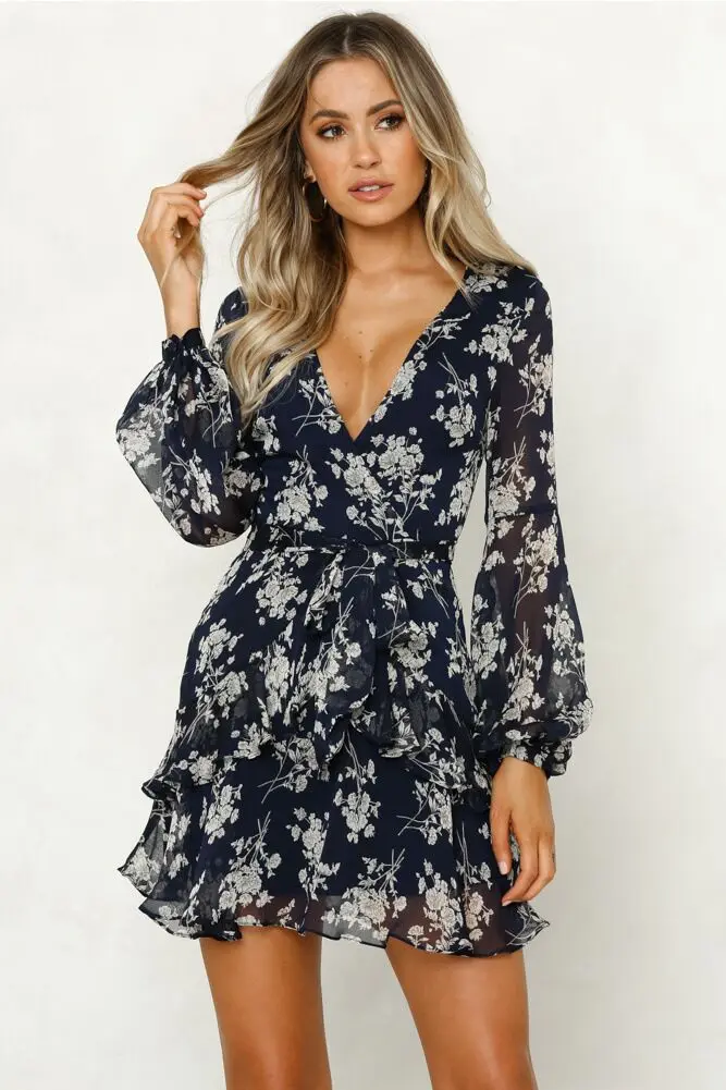 

women dresses 2020 autumn empire chiffon print a-line v-neck mini lantern sleeve print female dress european style gothic