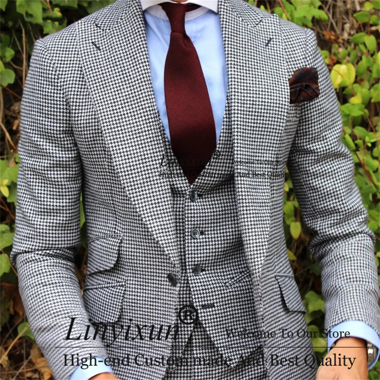 

Tweed Houndstooth Mens Suits Slim Fit Groom Wedding Tuxedos 3 Pieces Set Male Prom Blazer Terno Masculino (Jacket+Vest+Pants)