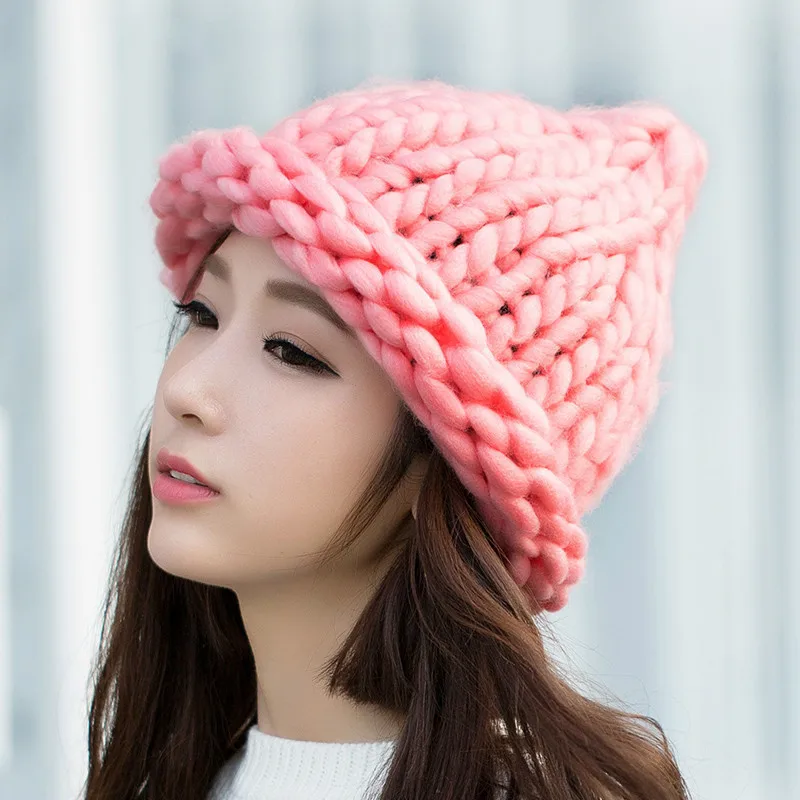 

Hot Girl Winter Warm Hat Handmade Knitted Coarse Lines Cable Hats Knit Cap Beanie Crochet Caps Women Accessories