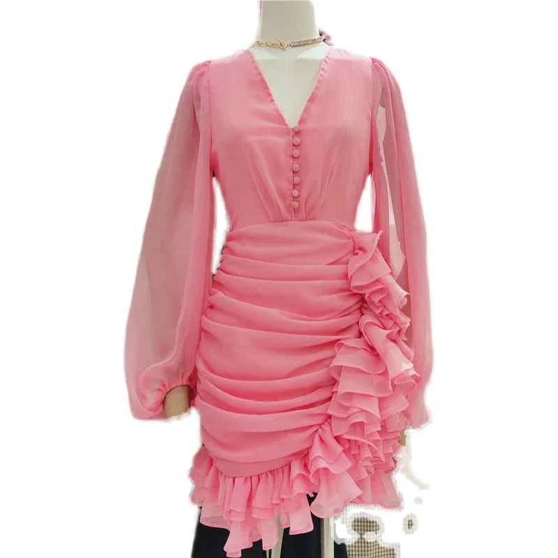 

Temperament V-neck Long Sleeve Chiffon Dress for Women Irregular Ruffles Fishtail Pleated Mini Dresses Lady Party Vestidos