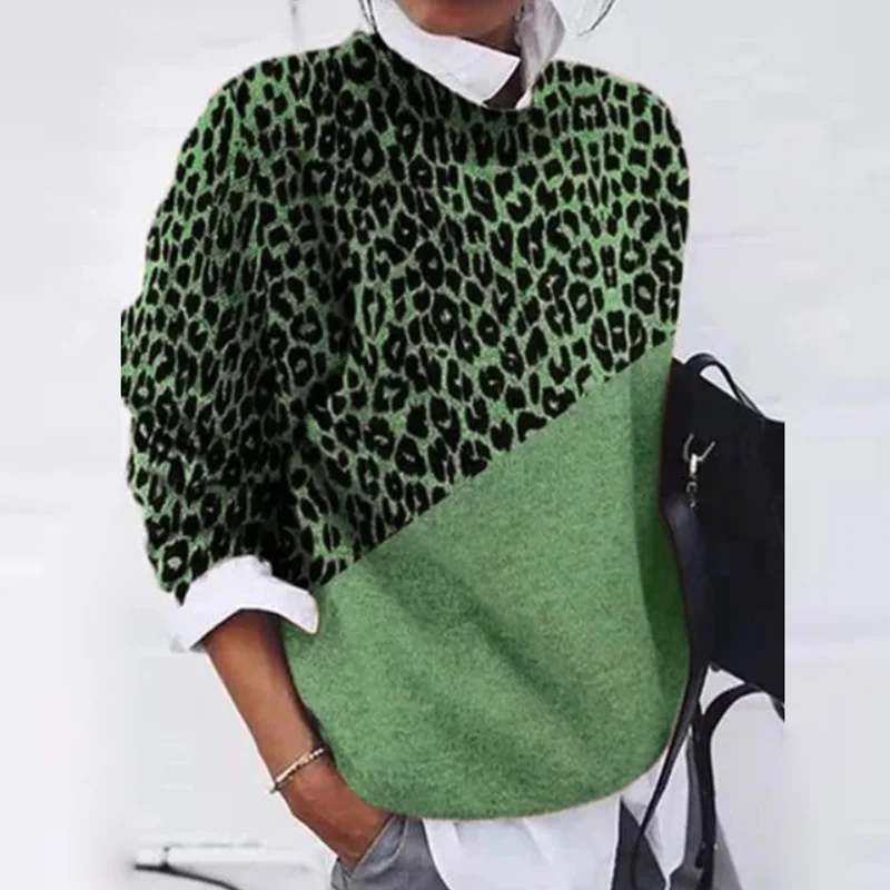 

Women Sweater Leopard Long Sleeve Round Neck Knitted Pullover Autumn Winter Fashion Women Tops Causal Loose Female Sweaters