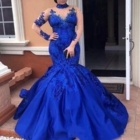 new appliques evening gowns plus size satin mermaid formal wear customize royal blue evening dresses high neck long sleeves lace