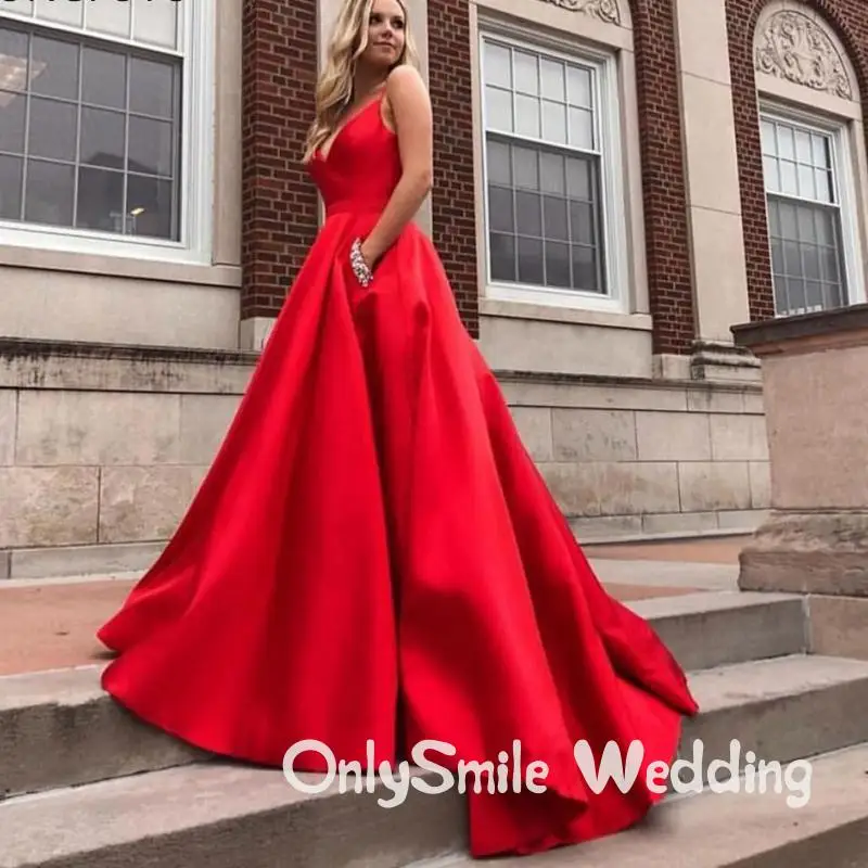 

Женское атласное платье-трапеция, красное платье с карманами, V-образным вырезом, а-силуэт, для выпускного вечера, 2019