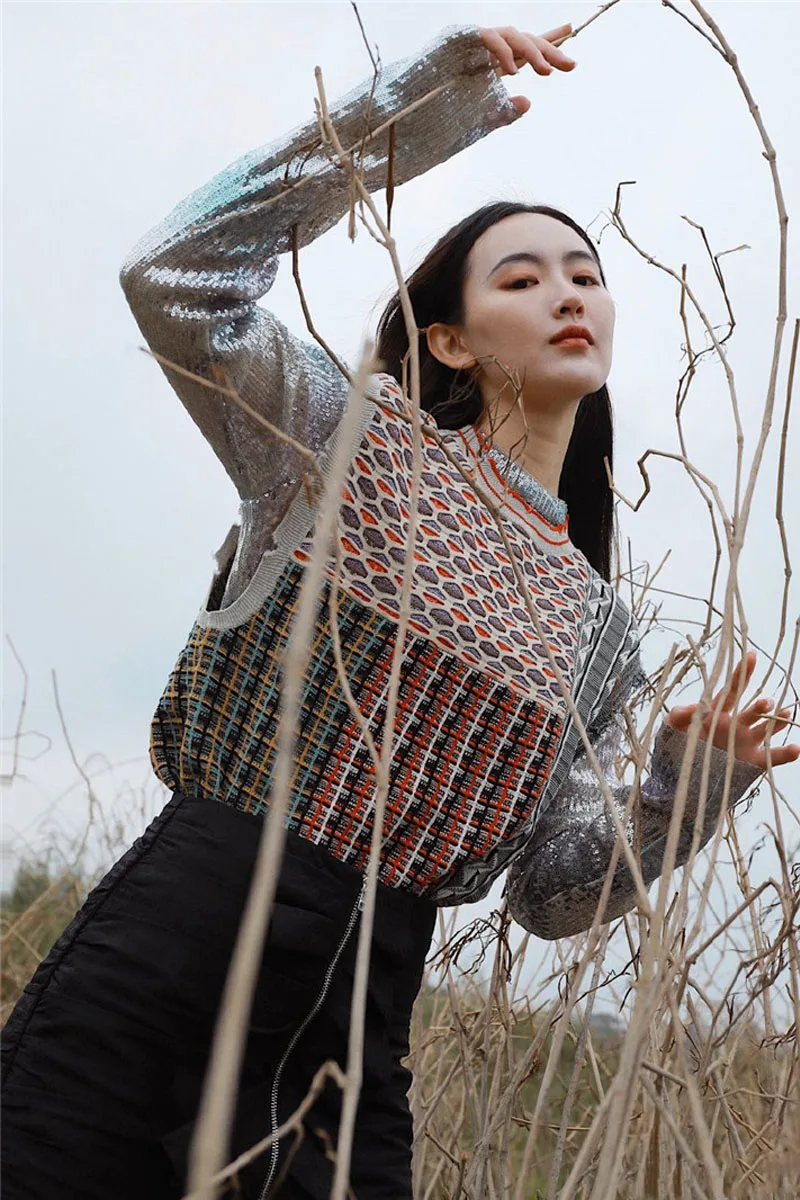 

Women Retro Irregular Geometric Contrasting Color Sweater Vest Lady Round Neck Jacquard Sleeveless Slimming Waistcoat