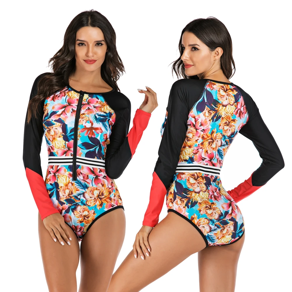 2020 Sport Women One Piece Rash Guard Long Sleeve Swimwear Push Up Bathing Suit Plus Size Swimsuit Vintage Surfing Swim XXL | Спорт и