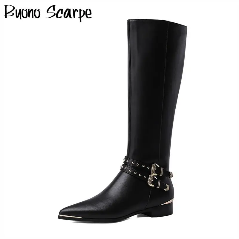 

Rivets Metal Black Women Boots Pointed Toe Punk Boots Fashion Buckles Brand Designer Botas Mujer Autumn Winter Ladies Shoes New