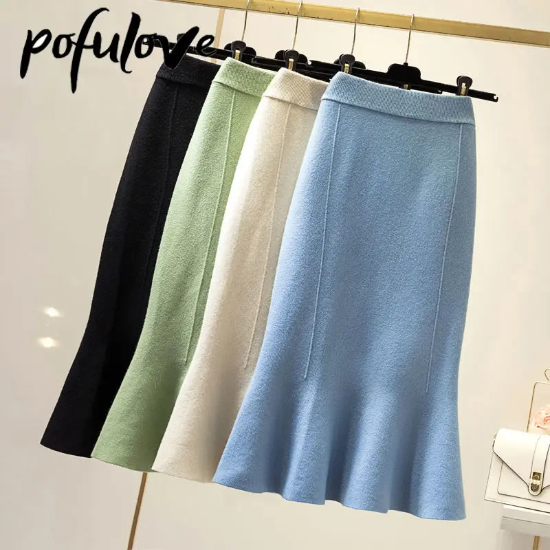 

Skirts Womens Black Skirt Knitted High Waist Mid-length Package Hip Skirt Fishtail Skirt Trendy Autumn and Winter Faldas