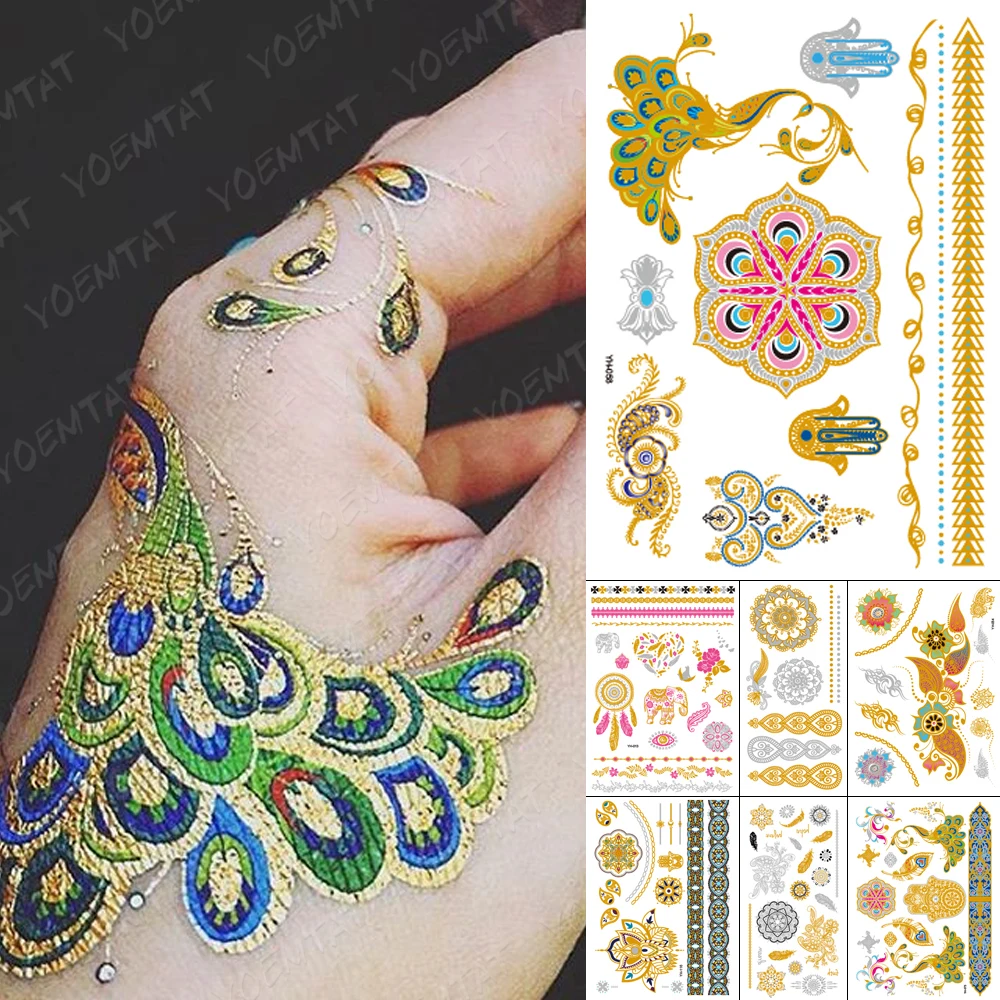 

Waterproof Temporary Tattoo Sticker Lotus Peacock Gold Silver Metallic Flash Tatoo Boho Henna Mandala Jewelry Glitter Body Art