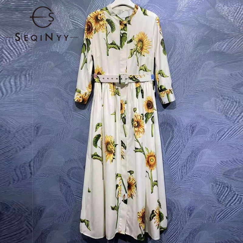 

SEQINYY Casual Shirt Dress Summer Spring New Fashion Design Women Runway Sunflower Printed White Elegant Casual Midi Belt