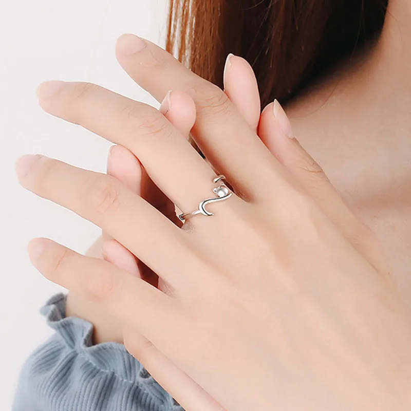 MEETSOFT 925 Silver  Opening Ring For Women Simple Adjustable Circle Animal Little Cat Jewelry Gift | Украшения и аксессуары