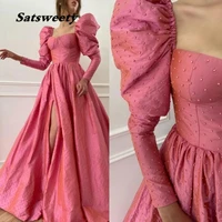 pink peals beaded evening dresses long sleeves and split open skirt party gown taffeta puffy prom dress vestidos robe de soiree