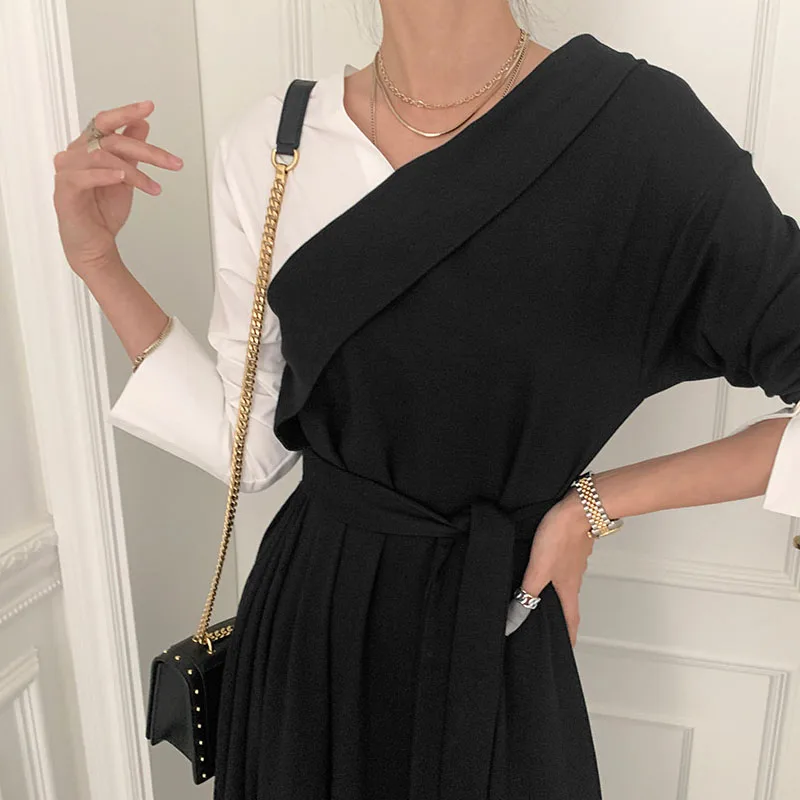 

Korean Elegant Splicing Simple Women Long Dress French Chic V-Neck Office Lady Belt Spring Dresses 2021 New Long Sleeve Dresses
