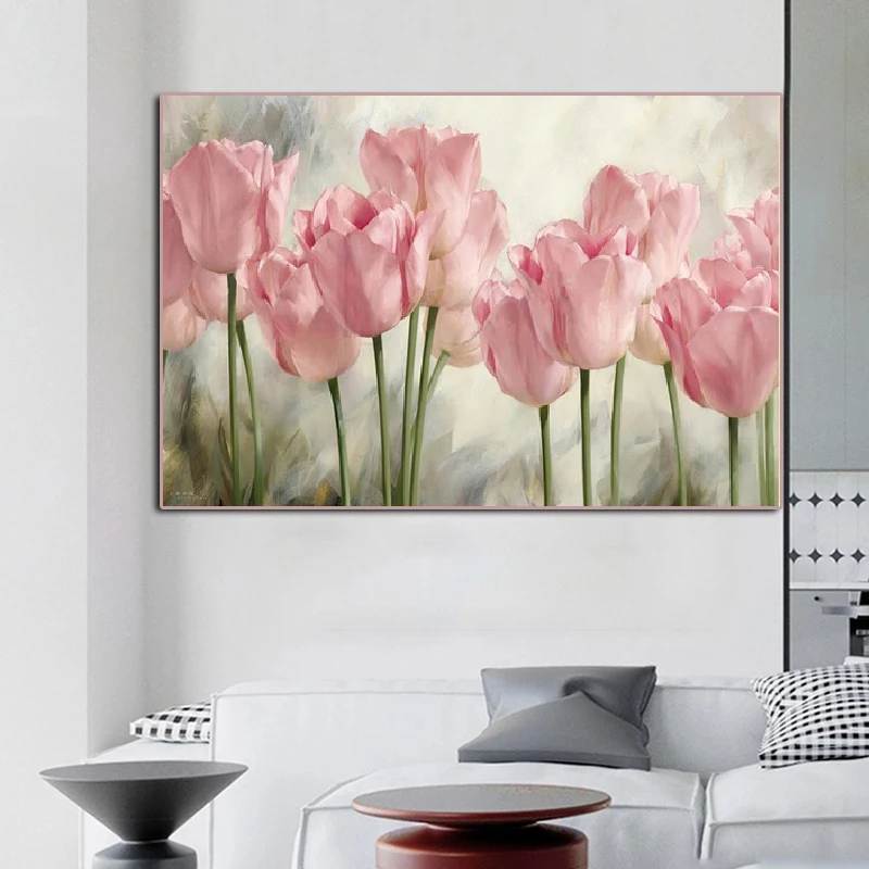

Art classic pink tulip flowers canvas painting posters and prints home bedroom dining room wall decoration painting