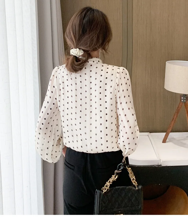 

Houthion Silk Women's Blouses Long Sleeved Top Fashion Casual Silk Shirt New Korean Style Polka Dot Print Blouse Bow Lady Blusas