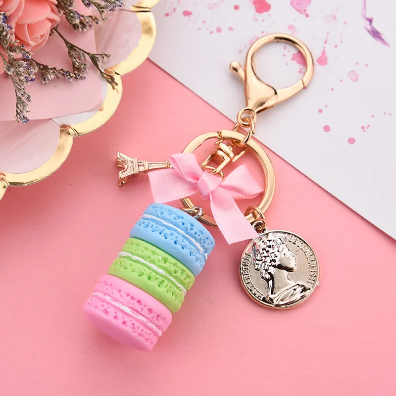 

Cute Girls Macaron Dessert Resin Biscuit Keychains Women Pink Bowknot Tower Charms Key Chains Car Trinket Jewelry Party Gifts