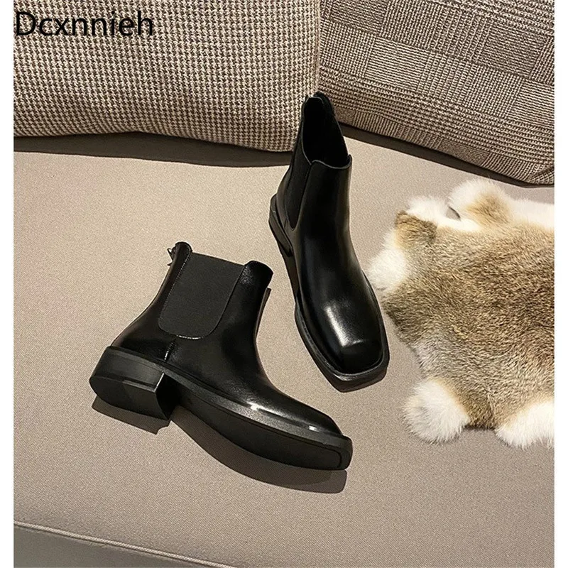 

Black Autumn New Style 2020 Leather Women's Boots Fashion Chelsea Boots European Brands Square Head Fashion Women's Shoes Mujer