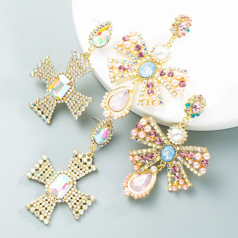 

Pearl Pink Diamond Bowknot Flower Cross Earrings Vintage Palace Style Earrings Earrings Ladies Daily Accessories Exquisite Gift
