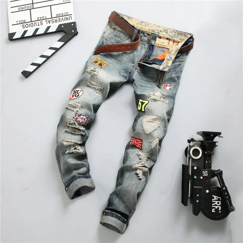 

2C Popular Jeans Men's Slim Straight Tube Badge Worn Jeans With Holes custom logo print on product and package from 1pc dropship