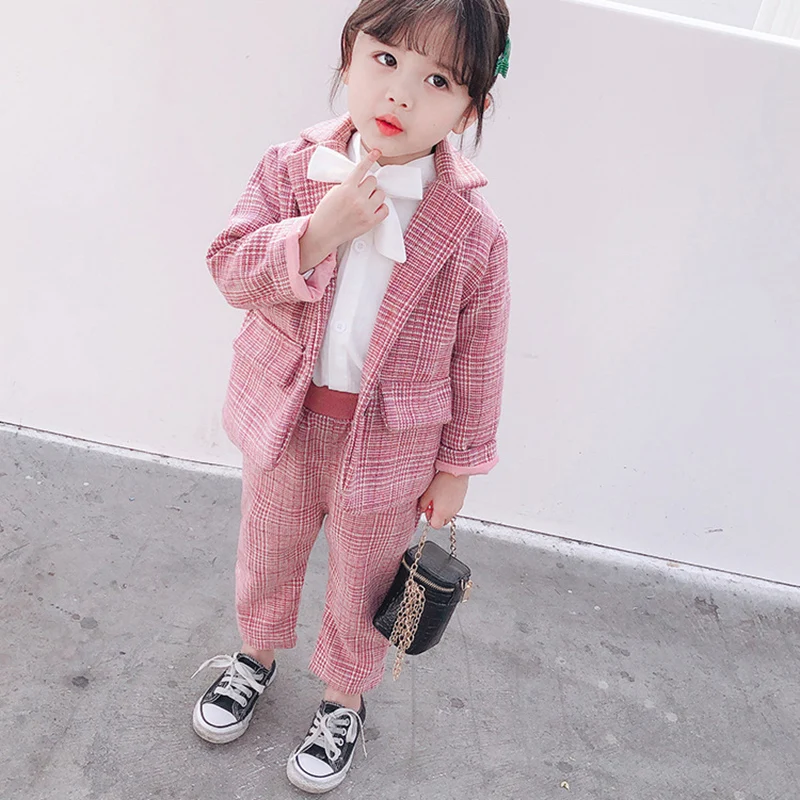 Комплект одежды для девочек новинка модная клетчатая одежда с узором верхняя +