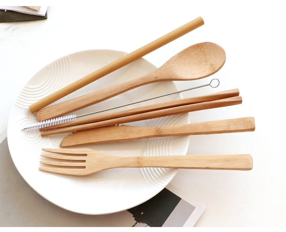 

Japanese Style Unpainted Bamboo Knife Fork Spoon Chopsticks Straw Brush Cloth Bag Set Creative Portable Straw Bag Tableware