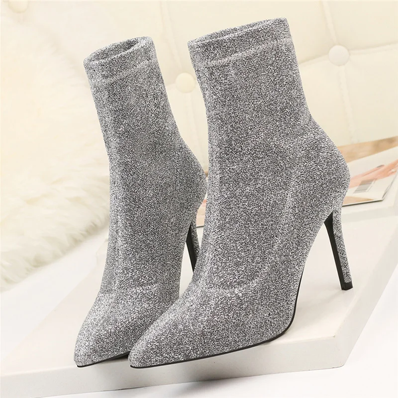 Женские эластичные ботинки носки на высоком каблуке 9 см Фетиш короткие