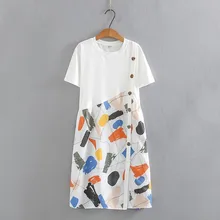 2021 New Patchwork Women Cotton Linen Dress Summer O-neck Short Sleeve A-line Dresses Female Vintage Button Loose Dress Vestidos (1)