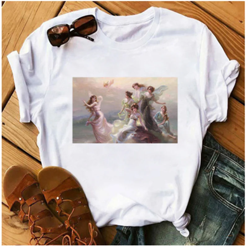 

Short Sleeve O-Neck Casual Wear Fashion Chic Top T-shirt AOWOF Women's Ulzzang Fashion Kawaii Angel Print Women's Summer T-shirt