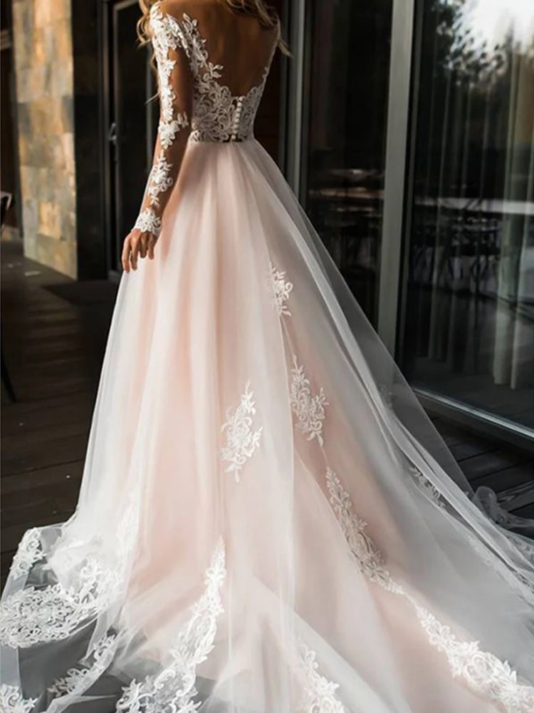 

MNGRL Retro Wedding Dress V-neck Long Sleeve White 3D Flower Lace Wedding Gown Fluffy Skirt Plus Size Bridal Dresses