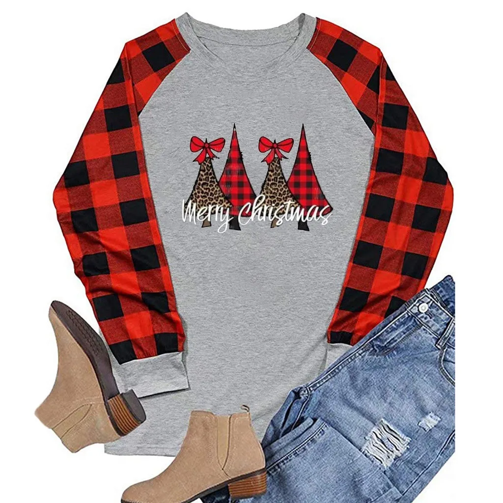 Женские повседневные футболки блузки с длинным рукавом в клетку рождественским