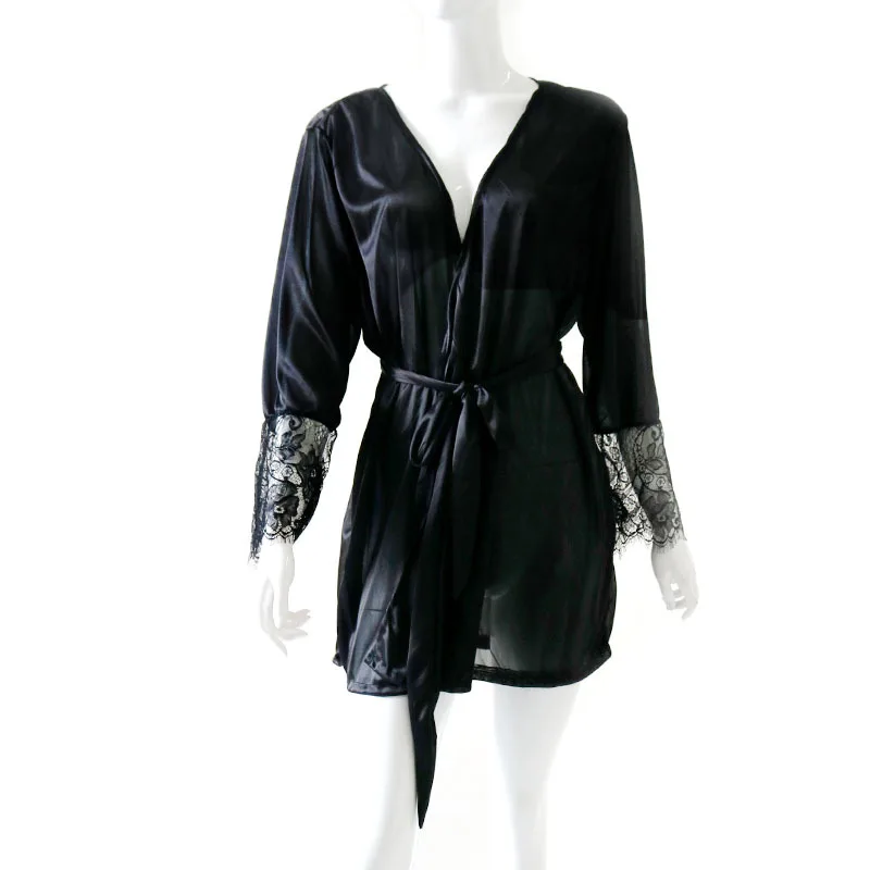

New Hot Sexy Lingerie Plus Size 5XL Satin Lace Black Kimono Intimate Sleepwear Robe Sexy Night Gown Women Erotic Underwear
