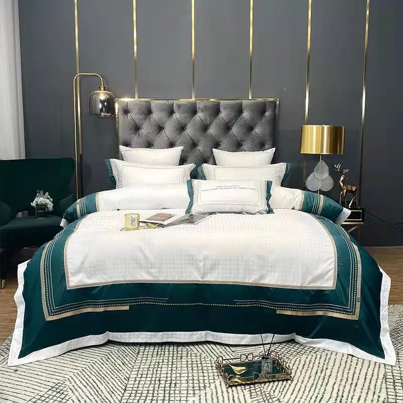 Juego de cama de algod&oacute;n de 4 piezas, S&aacute;bana de Jacquard satinada, funda de edred&oacute;n bordada sedosa, funda de almohada de lujo, ropa de cama moderna doble, Queen y King-0