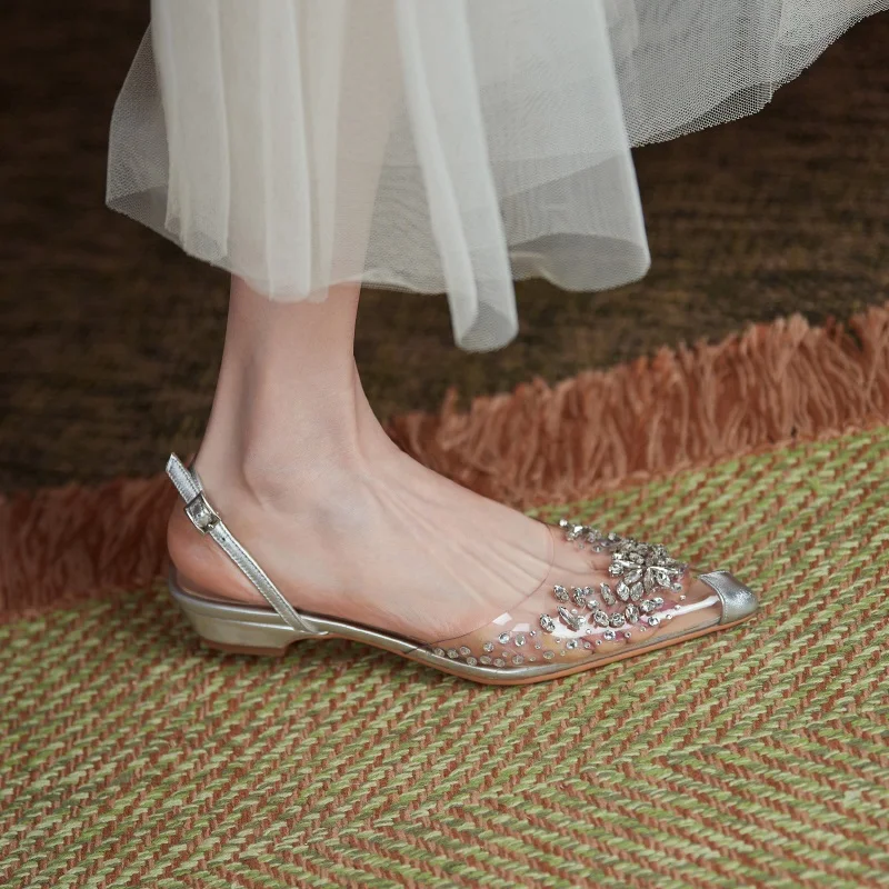 

High Quality 2021 Summer Fashion Women Sandals Shoes Low Square Heels Pointed Toe Rhinestone transparent Pvc Casual Shoes Sandal