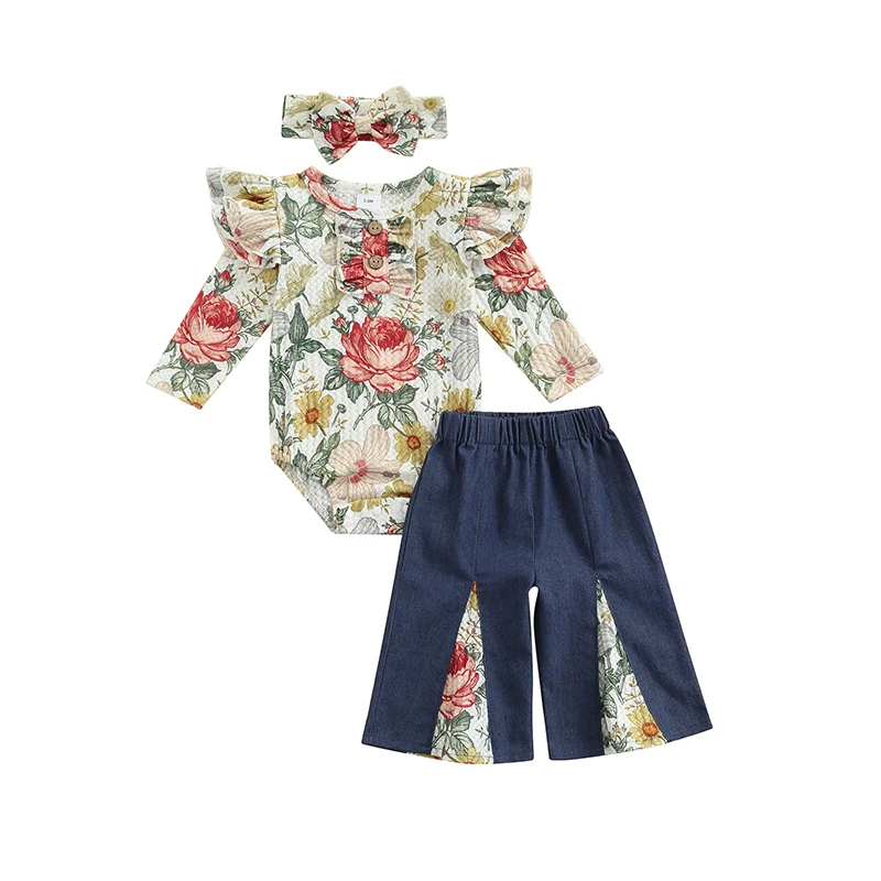 

Fashion Baby Romper Suit Bowknot Hairband Flower Print Long Sleeve Ruffle Button Romper Stitching Flared Trousers Suit
