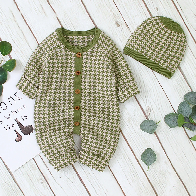 

2021 Autumn New Children Boys Clothes Baby Jumpsuit Front Buckle Knitted Jumpsuit Warm Hat Newborn Cotton Romper Girls Clothing