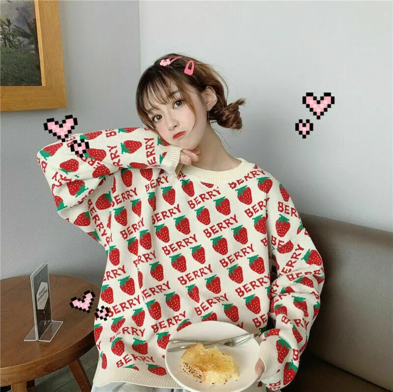 Lady Girl Strawberry Sweater / Vest Cute Knitted Pullover Tops Japanese Kawaii