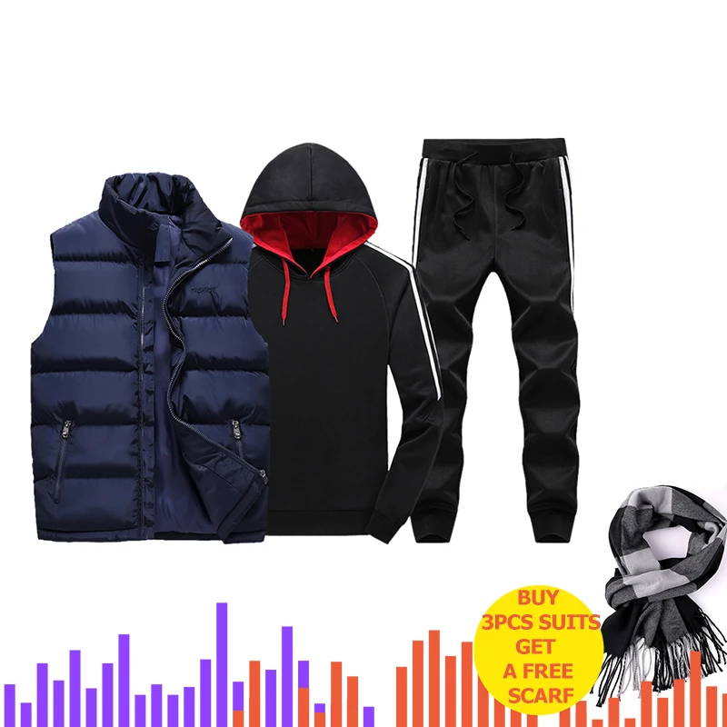 Комплект из 3 предметов с капюшоном, мужские спортивные костюмы, мужской зимний утепленный спортивный костюм, 3 предмета, куртка с меховым капюшоном+ флисовые толстовки+ штаны, мужской костюм - Цвет: Blue Black ZH301