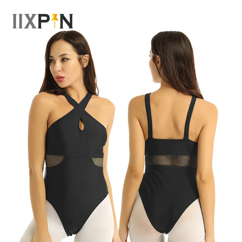 

Women Ballet Leotards Gymnastics Bodysuit Front Cross Neck Fishnet Splice Waist High Cut Leotard Tracksuit Ballet Dancewear