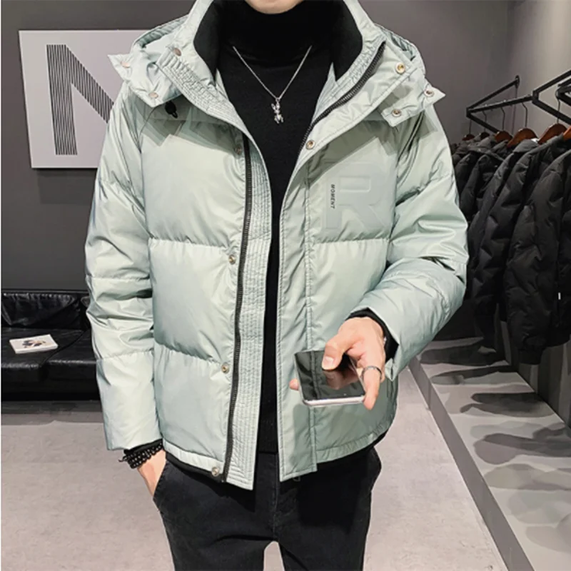 

Новая осенне-зимняя однотонная ветрозащитная и теплая мужская куртка на белом утином пуху повседневная куртка на плоской подошве с капюшон...