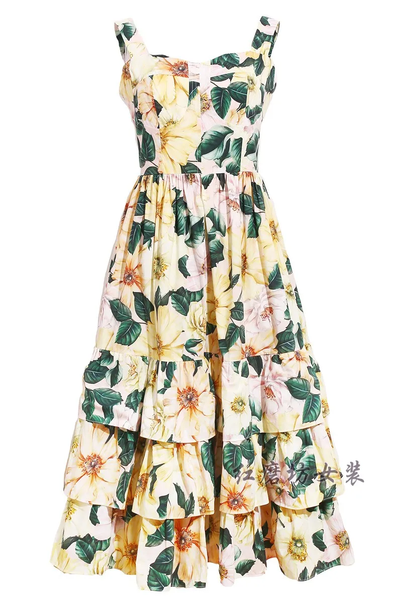 

2021 New Summer Long Dress Camellia Printed Cotton Yellow Floral Lotus Leaf Sicily Gorgeous Luxury
