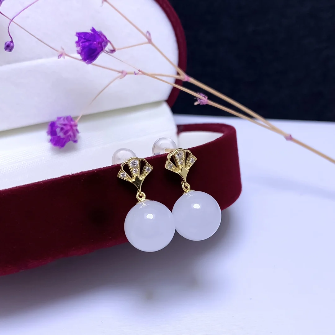 

SHILOVEM 18k yellow gold real Natural white Jasper drop earrings classic fine Jewelry women wedding gift new yze10102256hby