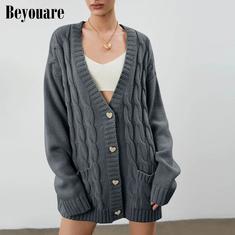 

Beyouare Women Loose V Neck Striped Jacquard Long Sweater Cardigans Winter Elegant Oversize Button Pockets Sweaters Fashion Coat