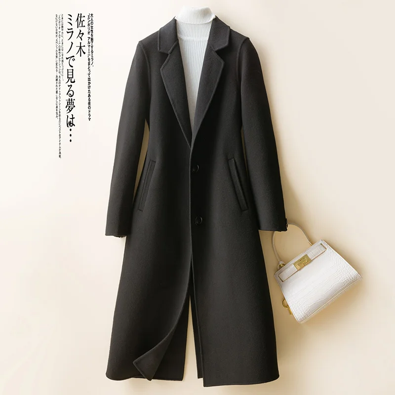

Женское длинное двустороннее кашемировое пальто, повседневная шерстяная куртка из 100%-ной шерсти, 2021