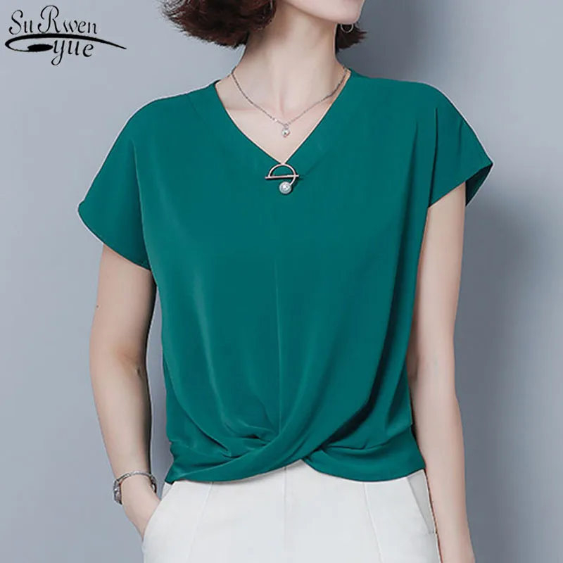 

Женская шифоновая блузка, однотонная Свободная рубашка с коротким рукавом и V-образным вырезом, лето 2021, размера плюс